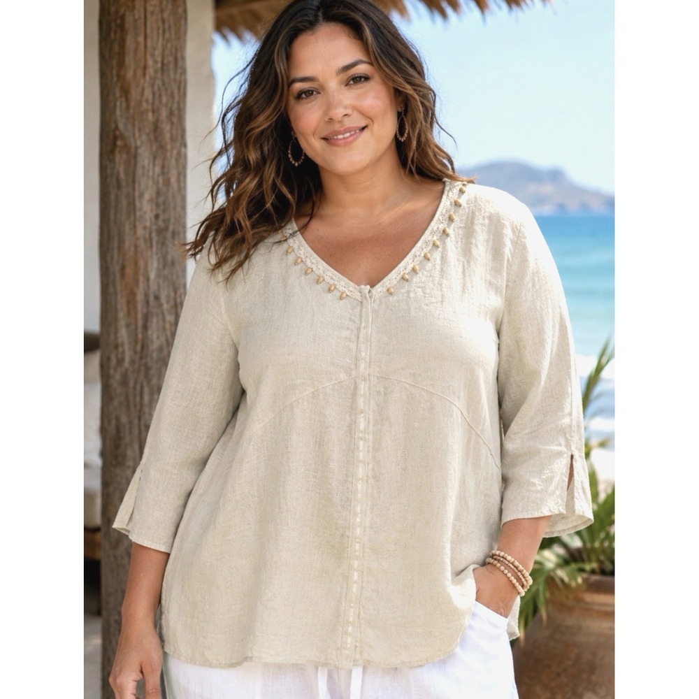 Napa Valley Coastal Linen Top Womens Size 2X Embroidered Crochet Beach Resort